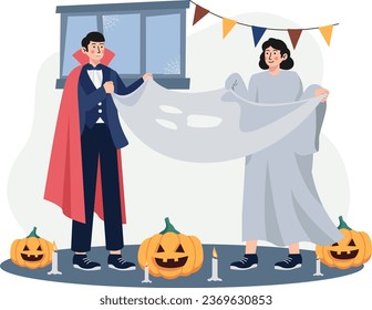 Couple trying dressed spooky outfits illustration