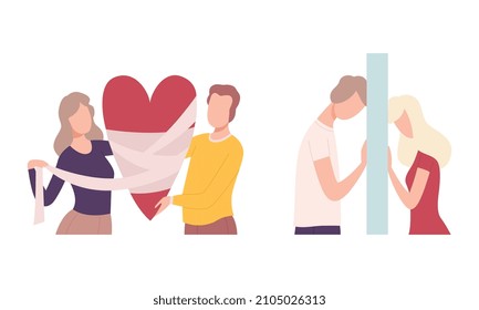 Couple Trying to Save Love and Feelings Near Wall and Bandaging Heart Vector Set