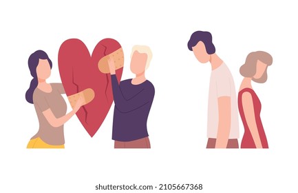 Couple Trying to Save Love and Feelings Holding Heart with Adhesive Bandage Vector Set