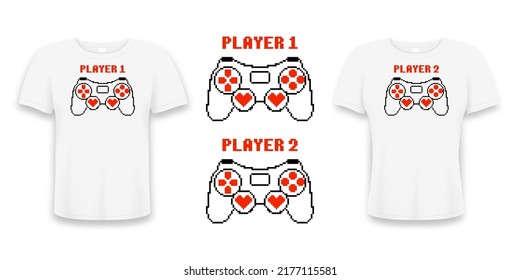 Couple t-shirt design with gamepad or joystick in pixel art style. Tee shirt for couple in love or friends with pixel text, heart and pixelated joypad. Vector illustration.