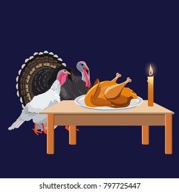 Couple of turkeys looking at a Christmas dish. Vector illustration isolated on the dark background