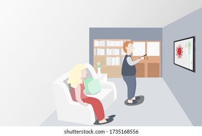 The couple are turning on the TV to follow the news about the corona virus.Stay home.Family joint activities.Vector,illustration.work frome home.