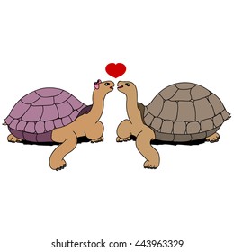 Couple turtles woman and man kissing. Card for Valentines Day. Cartoon style. Hand drawing. Vector illustration.