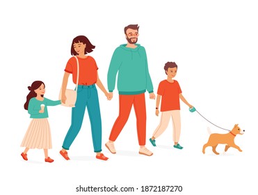 A couple with two children and a dog walk holding hands. Happy multiethnic family mom, dad, daughter and son spend time together. Active weekend, healthy lifestyle. Isolated vector illustrations