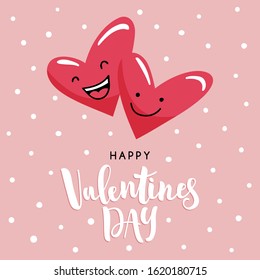 A couple of two cute cartoon hearts. Hand written lettering Happy Valentine's Day. Vector template suitable for greeting cards, prints, greetings.