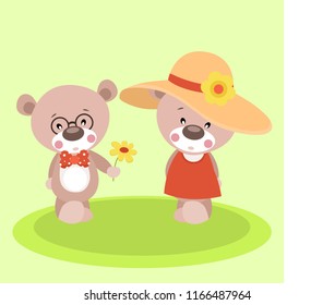Couple of two cute cartoon teddy on a meadow. Vector illustration