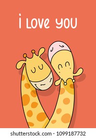Couple of two cute giraffes isolated on red background. I love you vector cartoon illustration poster