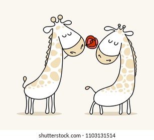 Couple of two cute in loved giraffes. Happy Valentine`s Day vector cartoon illustration poster