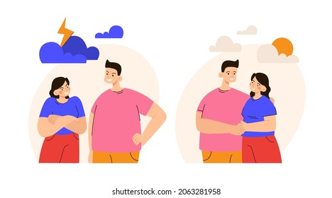 Couple in two different moods. Male and female characters quarrel and happy. Family crisis, domestic abuse, breakup and divorse concept. Modern flat vector illustration