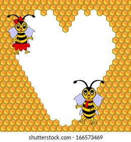 A couple of two funny cartoon bees with a heart surrounded by honeycombs. Valentines day postcard. Vector-art illustration