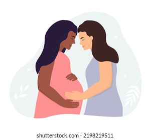 A couple of two girls expecting a baby. Pregnant woman, seven lesbians. Vector graphics.