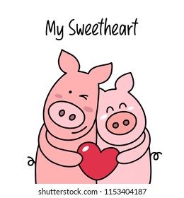 Couple of two happy pigs hugs and smiling. My sweetheart cartoon flat vector illustration card