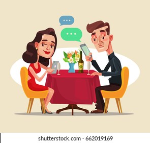 Couple two man and woman characters sitting in cafe on date and using smart phone social network