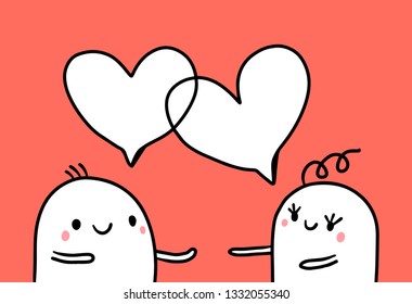 Couple of two marshmallows with cute hearts speech bubbles hand drawn illustration cartoon minimalism