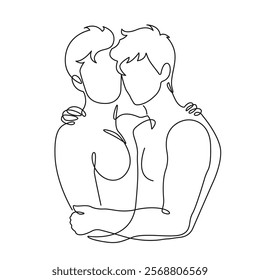 Couple of Two Men Continuous One Line Drawing. Two Men Hugs Line Art Vector Illustration. Happy Friendship Concept Black Linear Sketch Isolated on White Background. Not AI