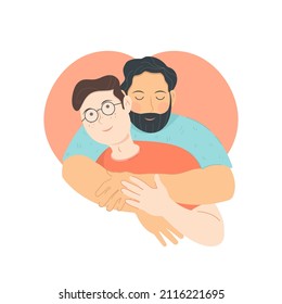 Couple of two men hugging. Couple Gay in love. Male best friends embracing and supporting each other.
Flat vector cartoon illustration isolated on white background