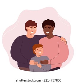 A couple of two men with a son. A same-sex homosexual family happily embraces. Vector graphics.