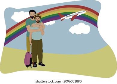 Couple of two men with a suitcase and background of a landscape with a rainbow with gay flag colors and a plane. Concept of LGBT love and travel.