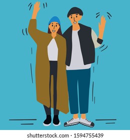  couple of two people, boy and girl say hello. flat character design. vector illustration