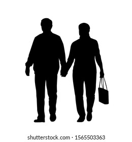 Couple of two seniors walking and holding hands, isolated tector silhouette