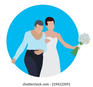 Couple Of Two Women Getting Married. Homoaffective Brides On Blue Circular Background. Vector Illustration.