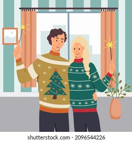 A couple in ugly sweaters with sparklers. A young man and a woman celebrate the new year, Christmas. Flat cartoon vector illustration