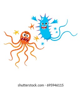 Couple of ugly virus, germ, bacteria characters with spikes and tentacles, cartoon vector illustration on white background. Scary bacteria, virus, germ monsters with human faces and sharp teeth