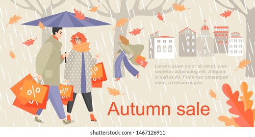 Couple with umbrella and big shopping bags on a background of an autumn city landscape. Autumn Sale vector illustration for banners and flyers design.