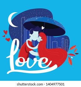Couple with umbrella kissing at night alley