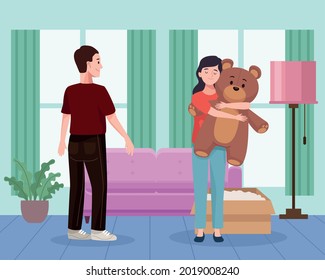 couple unboxing in livingroom scene