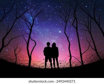Couple under bare trees. Romantic travel. Milky Way in blue night sky