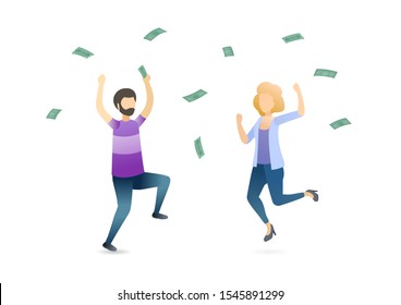 Couple under cash rain flat vector illustration. Happy man and woman, rich people celebrating together cartoon characters. Lottery jackpot, profitable investment, financial success, wealth concept.