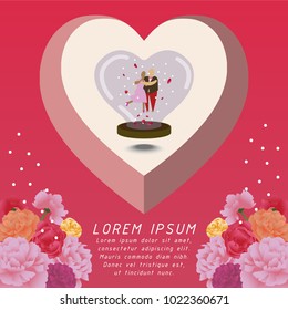 the couple under heart shape glass dome,roses and peonies flowers,cute vector illustration for greeting card,wedding invitation,anniversary celebration,valentine's day