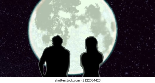 Una pareja bajo el cielo nocturno con la luna y las estrellas