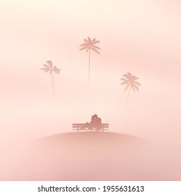 Couple under palm trees. Lovers sitting on bench. Summer vacation