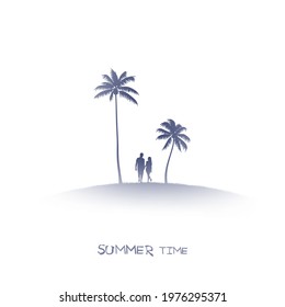 Couple under palm trees. Lovers isolated silhouette. Summer vacation