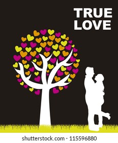 couple under tree over black background. vector illustration