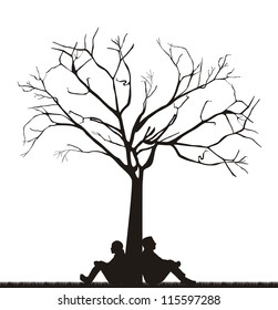 couple under tree over white background. vector illustration