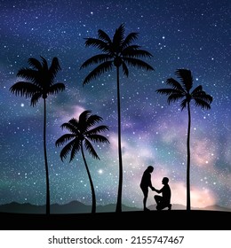 Couple under tropical trees. Marriage proposal. Palm beach at night