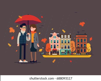 Couple under umbrella in autumn outfits standing with town street on background, flat vector