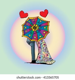Couple under umbrella. Doodle style.