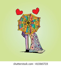 Couple under umbrella. Doodle style.