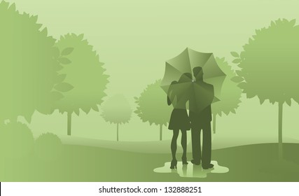 Couple under and umbrella in the park. EPS 8 vector, grouped for easy editing. No open shapes or paths.