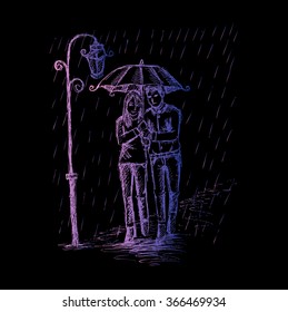  Couple under an umbrella in the rain. Hand drawing illustration.