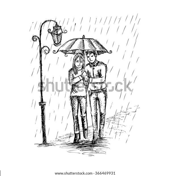 Couple Under Umbrella Rain Hand Drawing Stock Vector Royalty Free