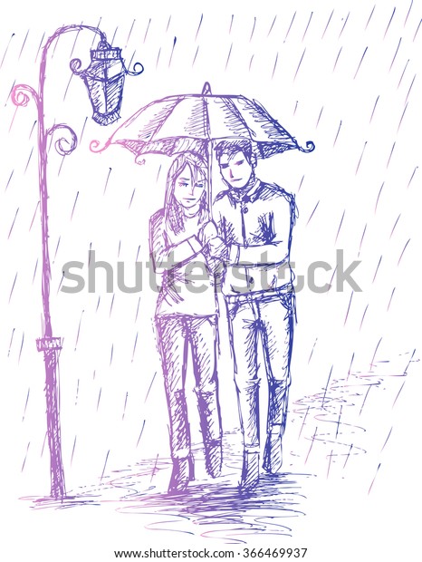 Couple Under Umbrella Rain Hand Drawing Image Vectorielle De Stock Libre De Droits