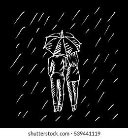 Couple under an umbrella in the rain. Sketchy style.