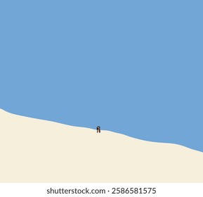 Couple under umbrella standing on snow mountain. Winter holiday vacation. Minimal art design.