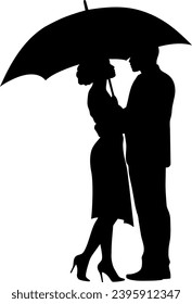 Couple under umbrella, vector silhouette.