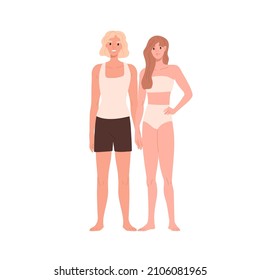 Couple in underwear portrait. Young slender slim man and woman with thin body type. Girlfriend and boyfriend stand in lingerie and trunks. Flat graphic vector illustration isolated on white background